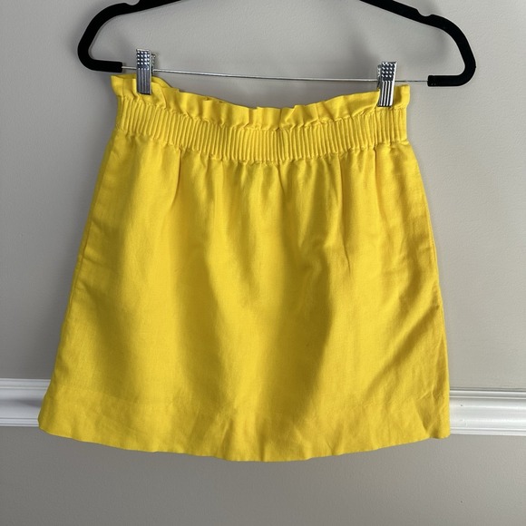 J Crew Womens Mini Skirt 4 Yellow Linen Blend Pockets Lined Elastic Waist Resort - Picture 1 of 8